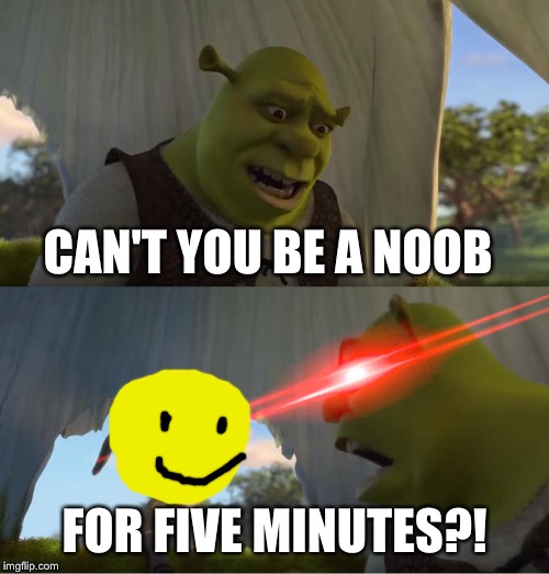 The trouble with Roblox noobs | CAN'T YOU BE A NOOB; FOR FIVE MINUTES?! | image tagged in shrek for five minutes | made w/ Imgflip meme maker