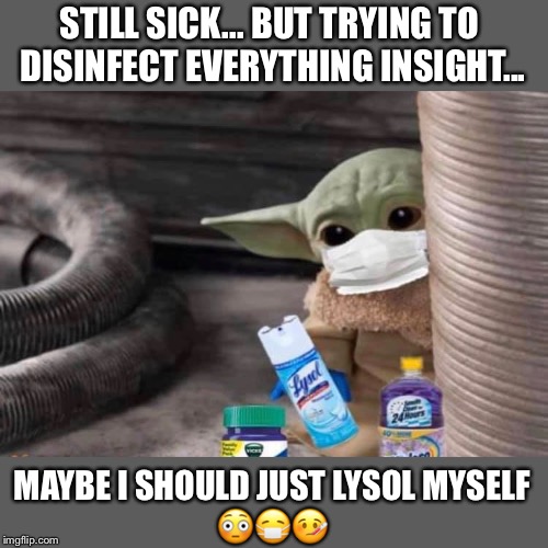 SICK BABY YODA | STILL SICK... BUT TRYING TO 
DISINFECT EVERYTHING INSIGHT... MAYBE I SHOULD JUST LYSOL MYSELF
😳😷🤒 | image tagged in baby yoda | made w/ Imgflip meme maker