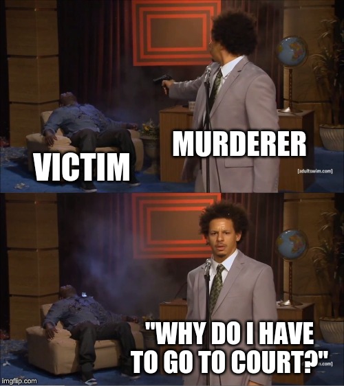 Who Killed Hannibal Meme | MURDERER; VICTIM; "WHY DO I HAVE TO GO TO COURT?" | image tagged in memes,who killed hannibal | made w/ Imgflip meme maker