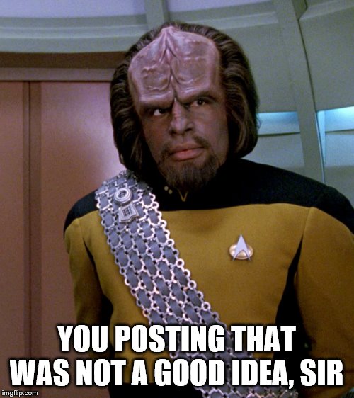 Lt Worf - Not A Good Idea Sir | YOU POSTING THAT WAS NOT A GOOD IDEA, SIR | image tagged in lt worf - not a good idea sir | made w/ Imgflip meme maker