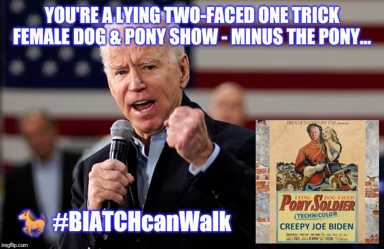 Joe Biden courts Female Supporters #GTFO #BIATCHcanWalk #WalkAway | YOU'RE A LYING TWO-FACED ONE TRICK FEMALE DOG & PONY SHOW - MINUS THE PONY... 🐎 #BIATCHcanWalk | image tagged in lying dog faced pony soldier joe,creepy joe biden,lying politician,joe biden,democrat donkey,the great awakening | made w/ Imgflip meme maker