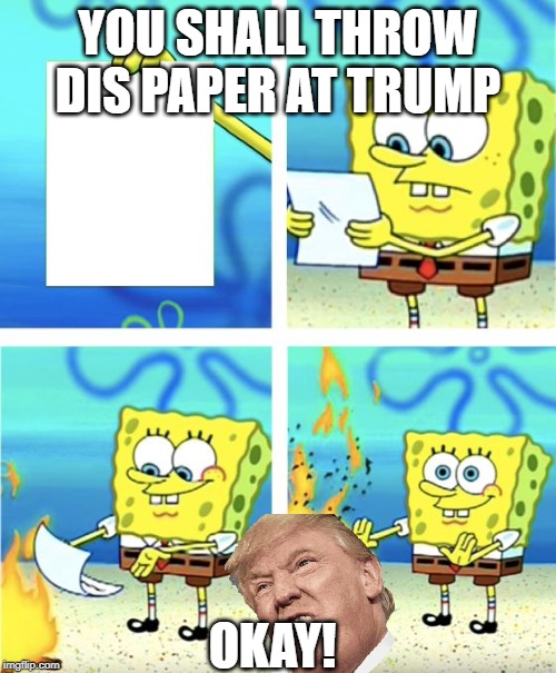 spongebob follows orders | YOU SHALL THROW DIS PAPER AT TRUMP; OKAY! | image tagged in spongebob burning paper | made w/ Imgflip meme maker