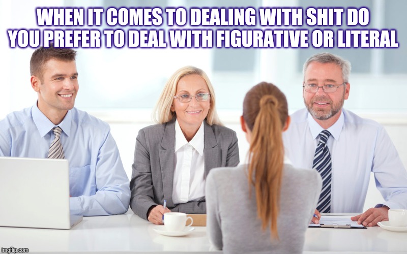 job interviewer | WHEN IT COMES TO DEALING WITH SHIT DO YOU PREFER TO DEAL WITH FIGURATIVE OR LITERAL | image tagged in job interviewer | made w/ Imgflip meme maker