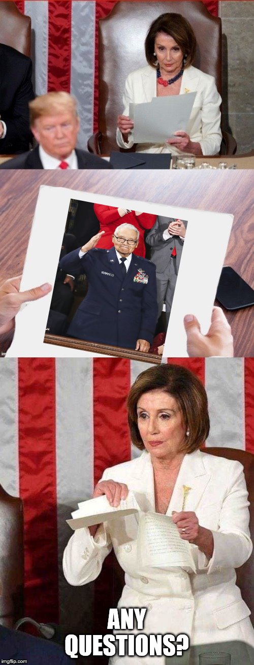 Nancy Pelosi referred to Donald Trump's speech as a "Manifesto of mistruths." | ANY QUESTIONS? | image tagged in pelosi tears up sotu paper,charles mcgee,democrats racists | made w/ Imgflip meme maker