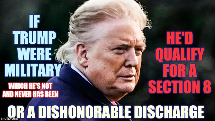 Discharge The Dishonorable Donald | HE'D QUALIFY FOR A SECTION 8; IF TRUMP WERE MILITARY; WHICH HE'S NOT AND NEVER HAS BEEN; OR A DISHONORABLE DISCHARGE | image tagged in memes,trump unfit unqualified dangerous,dishonorable donald,liar in chief,lock him up,scumbag republicans | made w/ Imgflip meme maker