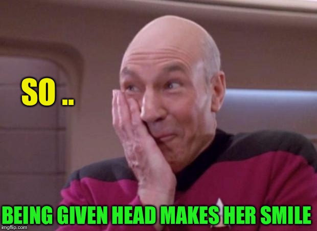 Picard smirk | SO .. BEING GIVEN HEAD MAKES HER SMILE | image tagged in picard smirk | made w/ Imgflip meme maker