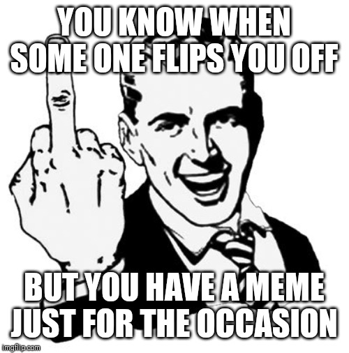 1950s Middle Finger | YOU KNOW WHEN SOME ONE FLIPS YOU OFF; BUT YOU HAVE A MEME JUST FOR THE OCCASION | image tagged in memes,1950s middle finger | made w/ Imgflip meme maker