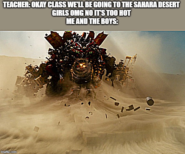 TEACHER: OKAY CLASS WE'LL BE GOING TO THE SAHARA DESERT 
GIRLS OMG NO IT'S TOO HOT 
ME AND THE BOYS: | image tagged in me and the boys | made w/ Imgflip meme maker