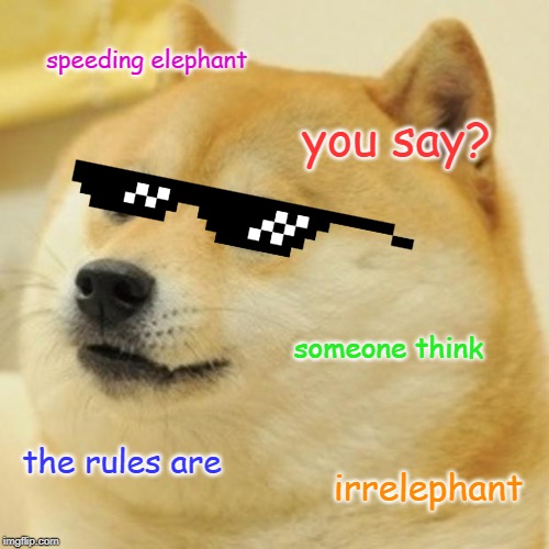 Doge | speeding elephant; you say? someone think; the rules are; irrelephant | image tagged in memes,doge | made w/ Imgflip meme maker