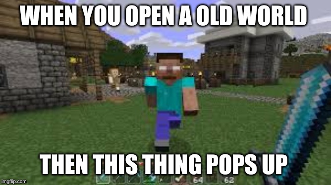 That old world | WHEN YOU OPEN A OLD WORLD; THEN THIS THING POPS UP | image tagged in minecraft,herobrine | made w/ Imgflip meme maker