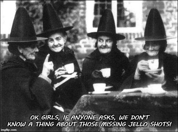 witches | OK GIRLS, IF ANYONE ASKS, WE DON'T KNOW A THING ABOUT THOSE MISSING JELLO SHOTS! | image tagged in witches | made w/ Imgflip meme maker
