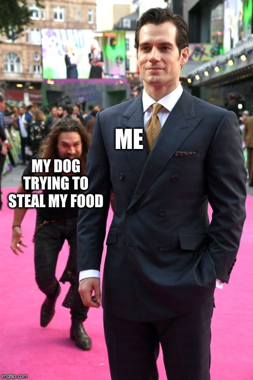 Jason Momoa Henry Cavill Meme | ME; MY DOG TRYING TO STEAL MY FOOD | image tagged in jason momoa henry cavill meme | made w/ Imgflip meme maker