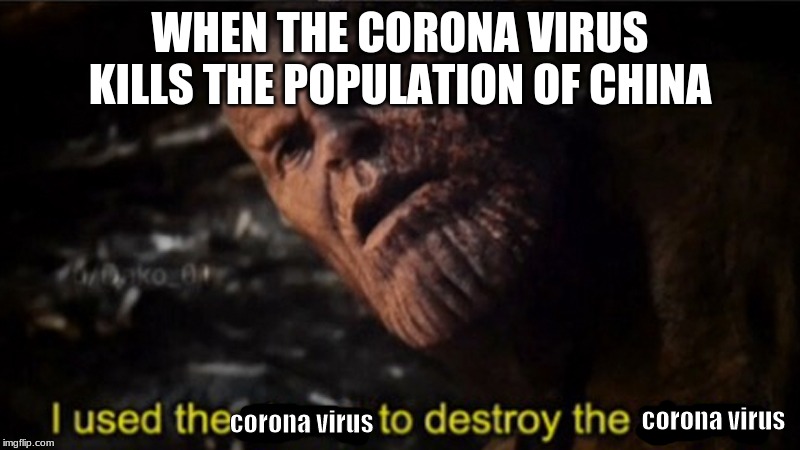 Thanos I used the stones to destroy the stones | WHEN THE CORONA VIRUS KILLS THE POPULATION OF CHINA; corona virus; corona virus | image tagged in thanos i used the stones to destroy the stones | made w/ Imgflip meme maker