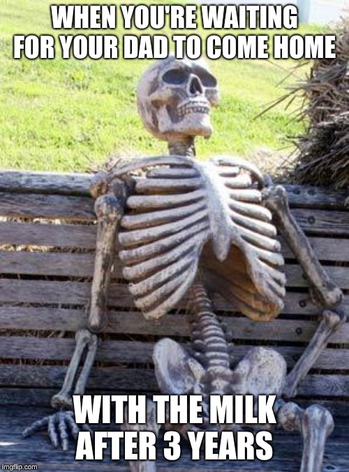 Waiting Skeleton Meme | WHEN YOU'RE WAITING FOR YOUR DAD TO COME HOME; WITH THE MILK AFTER 3 YEARS | image tagged in memes,waiting skeleton | made w/ Imgflip meme maker