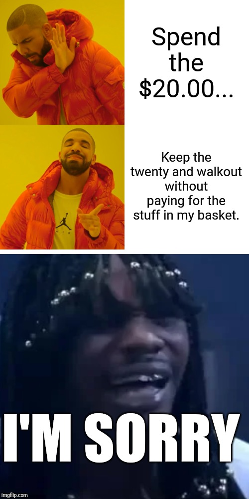 Drake Hotline Bling Meme | Spend the $20.00... Keep the twenty and walkout without paying for the stuff in my basket. I'M SORRY | image tagged in memes,drake hotline bling | made w/ Imgflip meme maker