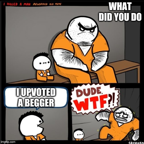 Srgrafo dude wtf | WHAT DID YOU DO; I UPVOTED A BEGGER | image tagged in srgrafo dude wtf | made w/ Imgflip meme maker