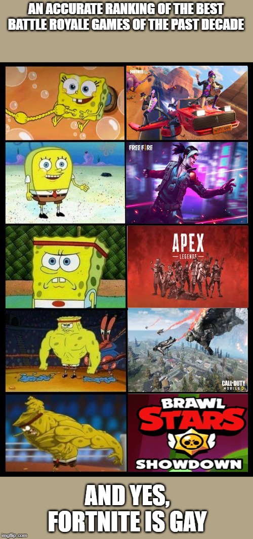 sponge bob meme | AN ACCURATE RANKING OF THE BEST BATTLE ROYALE GAMES OF THE PAST DECADE; AND YES, FORTNITE IS GAY | image tagged in sponge bob meme | made w/ Imgflip meme maker