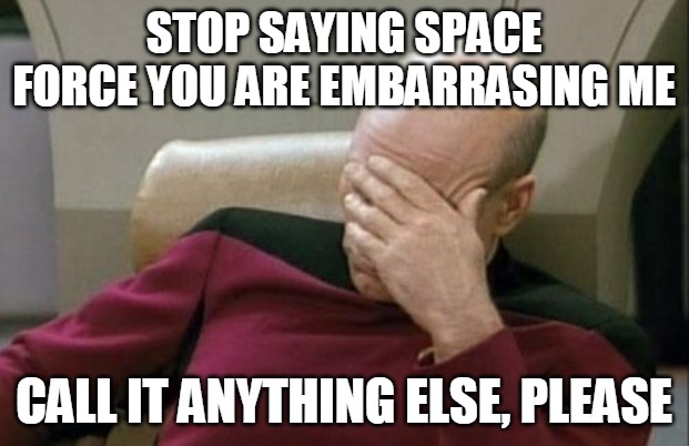 Captain Picard Facepalm Meme | STOP SAYING SPACE FORCE YOU ARE EMBARRASING ME; CALL IT ANYTHING ELSE, PLEASE | image tagged in memes,captain picard facepalm | made w/ Imgflip meme maker