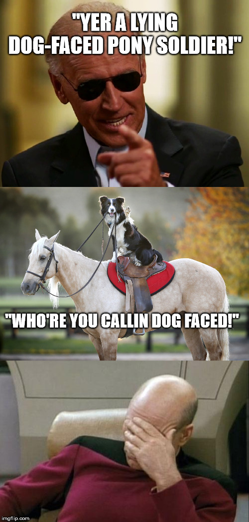 Text 3033oh fo yo Dog n' Pony Show. | "YER A LYING DOG-FACED PONY SOLDIER!"; "WHO'RE YOU CALLIN DOG FACED!" | image tagged in memes,captain picard facepalm,cool joe biden,dogface,pony soldier | made w/ Imgflip meme maker