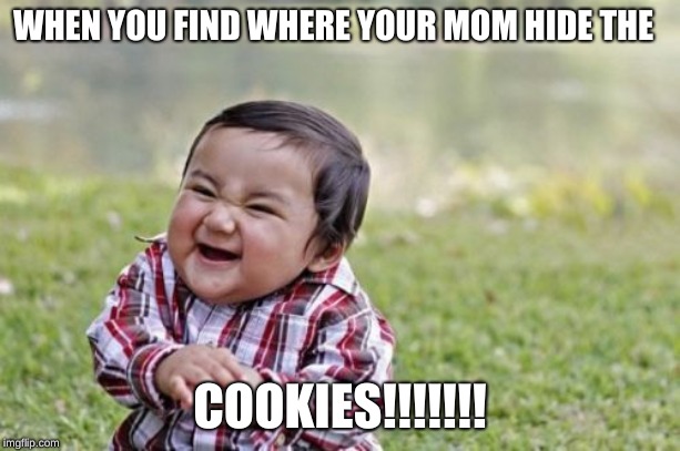 Evil Toddler | WHEN YOU FIND WHERE YOUR MOM HIDE THE; COOKIES!!!!!!! | image tagged in memes,evil toddler | made w/ Imgflip meme maker