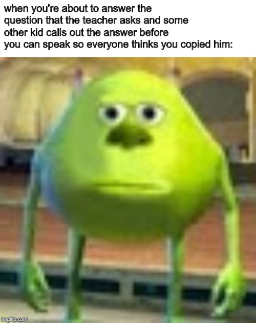 Based on a true story | when you're about to answer the question that the teacher asks and some other kid calls out the answer before you can speak so everyone thinks you copied him: | image tagged in sully wazowski,school,relatable | made w/ Imgflip meme maker