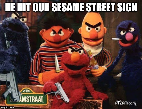 sesame street | HE HIT OUR SESAME STREET SIGN | image tagged in sesame street | made w/ Imgflip meme maker