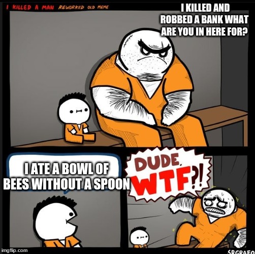 Srgrafo dude wtf | I KILLED AND ROBBED A BANK WHAT ARE YOU IN HERE FOR? I ATE A BOWL OF BEES WITHOUT A SPOON | image tagged in srgrafo dude wtf | made w/ Imgflip meme maker