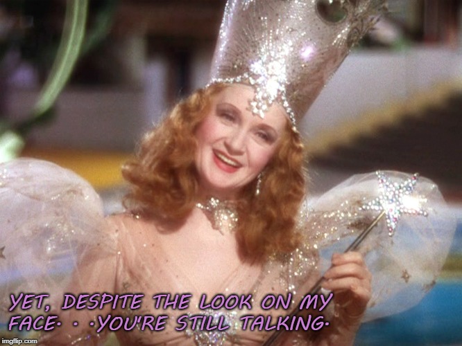 good witch wizard of oz neoliberalism meme | YET, DESPITE THE LOOK ON MY FACE. . .YOU'RE STILL TALKING. | image tagged in good witch wizard of oz neoliberalism meme | made w/ Imgflip meme maker