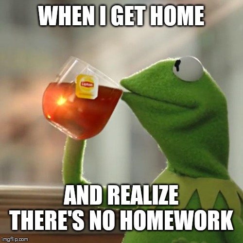 But That's None Of My Business Meme | WHEN I GET HOME; AND REALIZE THERE'S NO HOMEWORK | image tagged in memes,but thats none of my business,kermit the frog | made w/ Imgflip meme maker