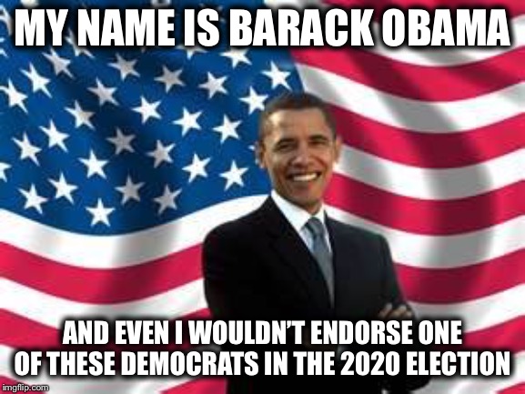 Obama | MY NAME IS BARACK OBAMA; AND EVEN I WOULDN’T ENDORSE ONE OF THESE DEMOCRATS IN THE 2020 ELECTION | image tagged in memes,obama,election 2020 | made w/ Imgflip meme maker