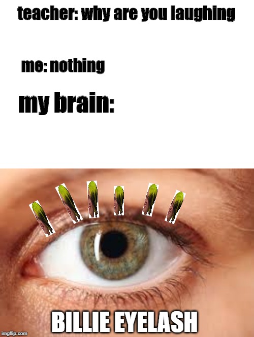 my brain is weird | teacher: why are you laughing; me: nothing; my brain:; BILLIE EYELASH | made w/ Imgflip meme maker