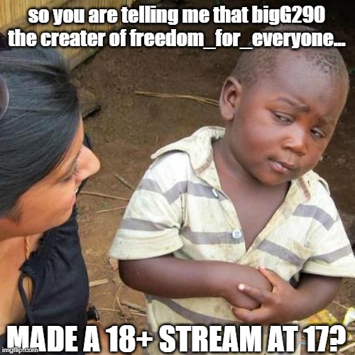 i mean it is true | so you are telling me that bigG290 the creater of freedom_for_everyone... MADE A 18+ STREAM AT 17? | image tagged in memes,third world skeptical kid | made w/ Imgflip meme maker