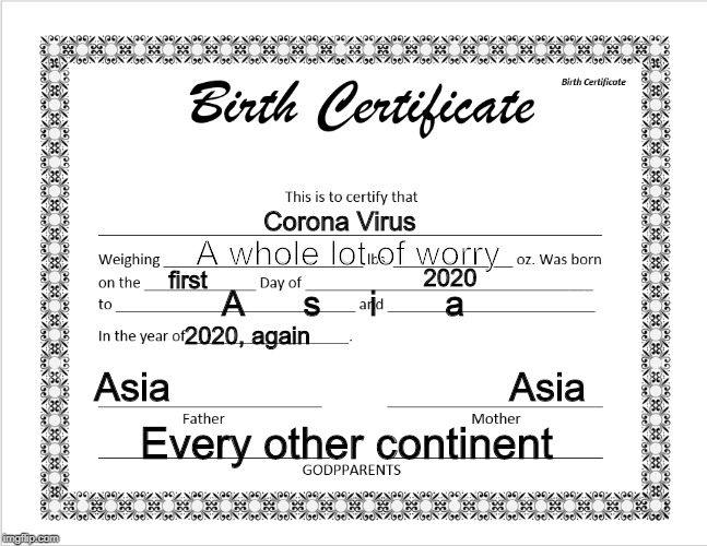 Corona Virus; A whole lot of worry; 2020; first; A      s     i       a; 2020, again; Asia                               Asia; Every other continent | image tagged in birth,coronavirus,corona virus,asia | made w/ Imgflip meme maker