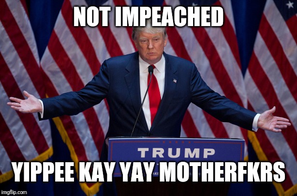 Donald Trump | NOT IMPEACHED; YIPPEE KAY YAY MOTHERFKRS | image tagged in donald trump | made w/ Imgflip meme maker
