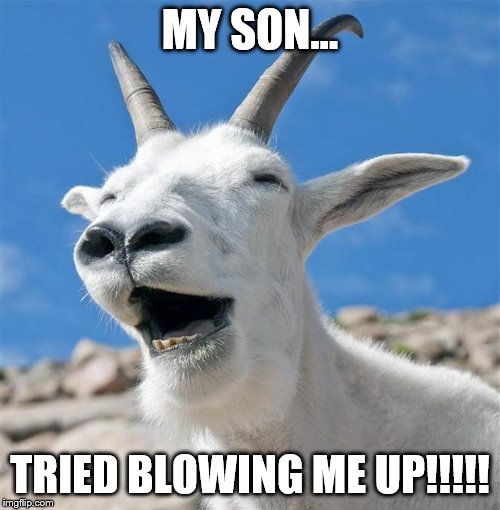 Laughing Goat Meme | MY SON... TRIED BLOWING ME UP!!!!! | image tagged in memes,laughing goat | made w/ Imgflip meme maker