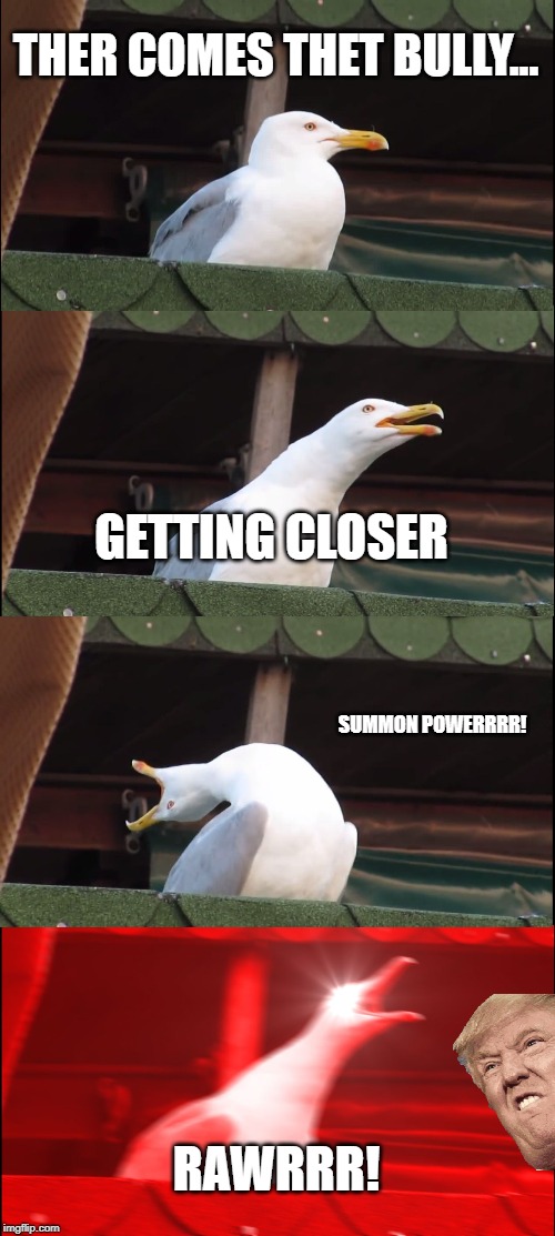 Inhaling Seagull | THER COMES THET BULLY... GETTING CLOSER; SUMMON POWERRRR! RAWRRR! | image tagged in memes,inhaling seagull | made w/ Imgflip meme maker