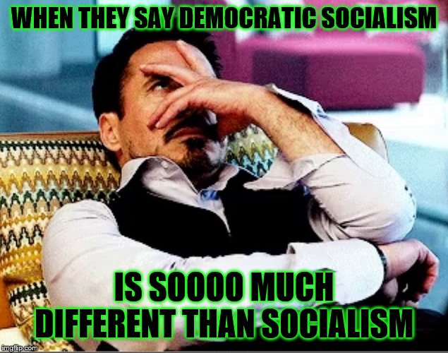 Iron Man Face Palm | WHEN THEY SAY DEMOCRATIC SOCIALISM; IS SOOOO MUCH DIFFERENT THAN SOCIALISM | image tagged in iron man face palm | made w/ Imgflip meme maker