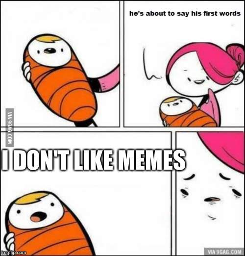 He is About to Say His First Words | I DON'T LIKE MEMES | image tagged in he is about to say his first words | made w/ Imgflip meme maker