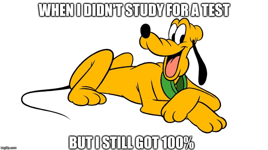 Pluto of Disney | WHEN I DIDN'T STUDY FOR A TEST; BUT I STILL GOT 100% | image tagged in pluto of disney | made w/ Imgflip meme maker