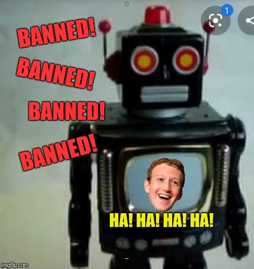 Mark Zuckerbot does not like your memes | BANNED; HAHAHAHAHAHA | image tagged in facebook jail bot,mark zuckerberg,facebook,facebook jail,censorship,memes | made w/ Imgflip meme maker