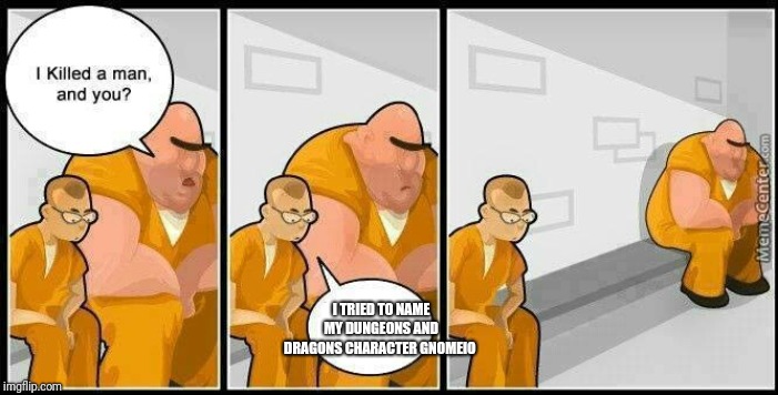 prisoners blank | I TRIED TO NAME MY DUNGEONS AND DRAGONS CHARACTER GNOMEIO | image tagged in prisoners blank | made w/ Imgflip meme maker