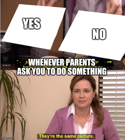 Well, no is actually yes! | YES; NO; WHENEVER PARENTS ASK YOU TO DO SOMETHING | image tagged in pam theyre the same picture,parents,question,well yes but actually no | made w/ Imgflip meme maker