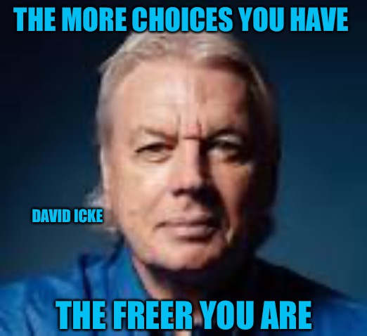 David Icke | THE MORE CHOICES YOU HAVE; DAVID ICKE; THE FREER YOU ARE | image tagged in freedom | made w/ Imgflip meme maker
