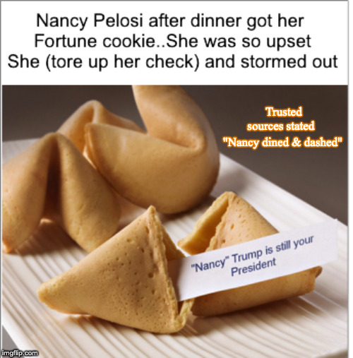 Nancy Pelosi | Trusted
sources stated; "Nancy dined & dashed" | image tagged in nancy pelosi,donald trump,maga,funny,funny memes | made w/ Imgflip meme maker
