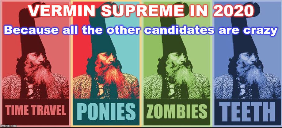 Vote Vermin in 2020 | VERMIN SUPREME IN 2020; Because all the other candidates are crazy | image tagged in time travel,ponies,zombies | made w/ Imgflip meme maker