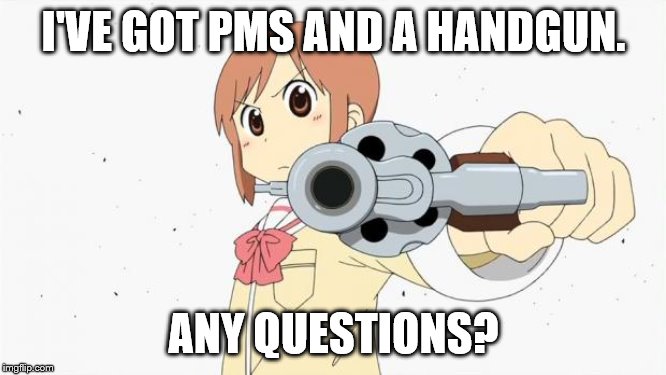 Anime gun point | I'VE GOT PMS AND A HANDGUN. ANY QUESTIONS? | image tagged in anime gun point | made w/ Imgflip meme maker