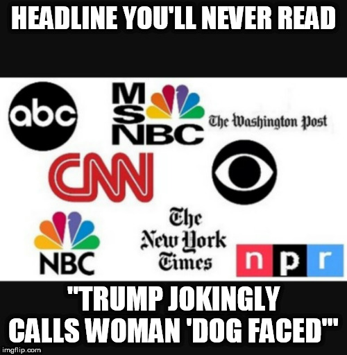 Media lies | HEADLINE YOU'LL NEVER READ; "TRUMP JOKINGLY CALLS WOMAN 'DOG FACED'" | image tagged in media lies | made w/ Imgflip meme maker