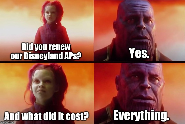 thanos what did it cost | Did you renew our Disneyland APs? Yes. And what did it cost? Everything. | image tagged in thanos what did it cost | made w/ Imgflip meme maker