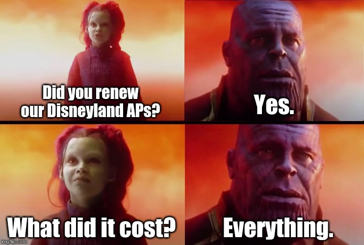 thanos what did it cost | Did you renew our Disneyland APs? Yes. What did it cost? Everything. | image tagged in thanos what did it cost | made w/ Imgflip meme maker