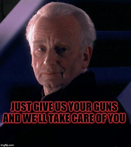 Palpatine | JUST GIVE US YOUR GUNS AND WE'LL TAKE CARE OF YOU | image tagged in palpatine | made w/ Imgflip meme maker